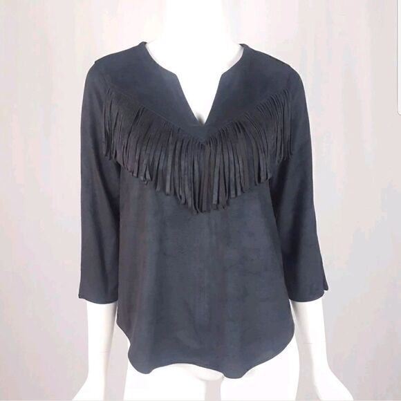 NWT Express Women Sz Small Black Faux Suede Fringe 3/4 Sleeve Top Boho Festival - Picture 1 of 5